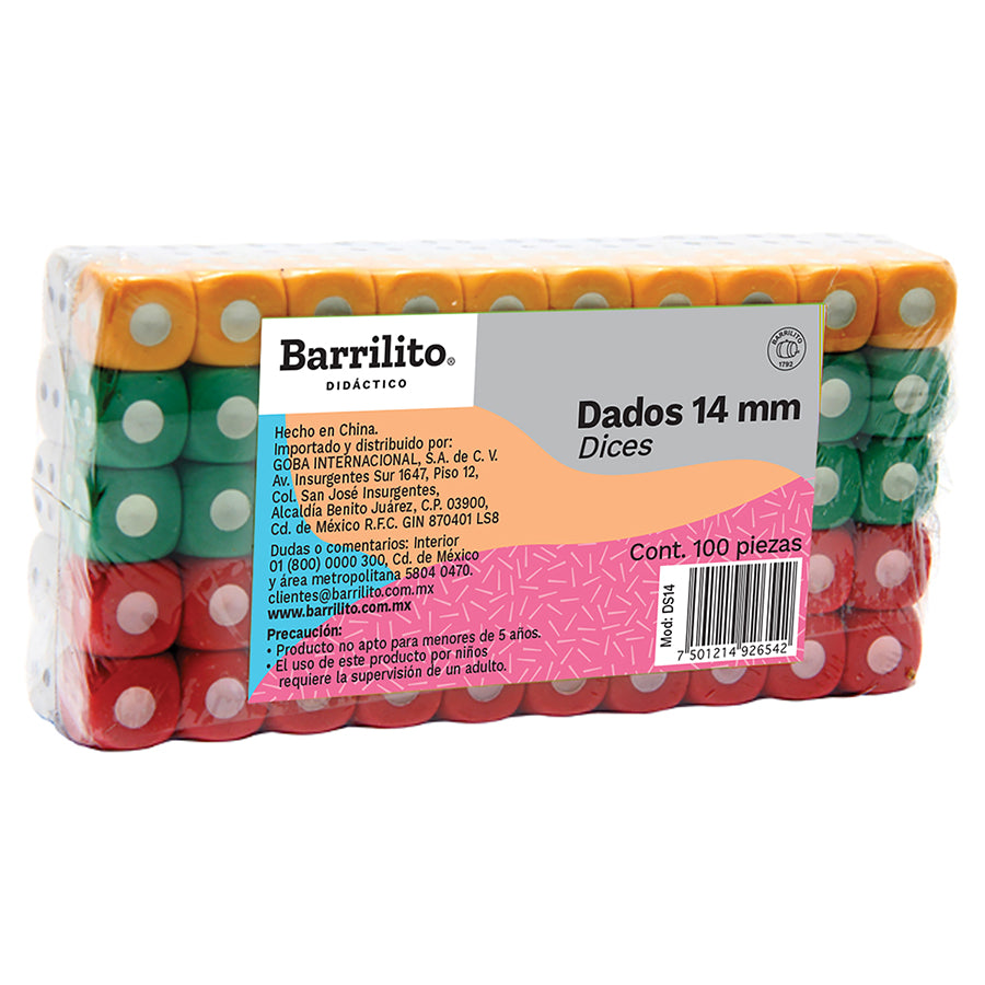 DADOS 14 mm COLORES SOLIDOS SURTIDOS 100 pzas.