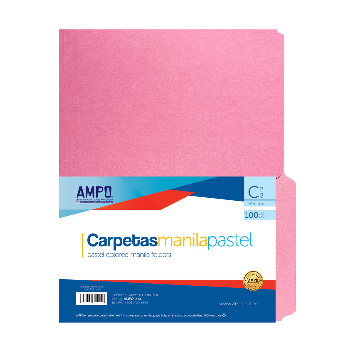FOLDERS MANILA (8.5 X 11) 100/1 ROSADO PASTEL BOLSA AMPO