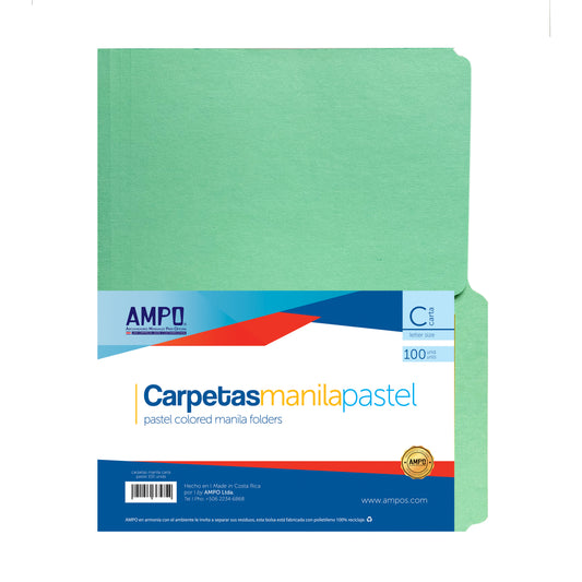 FOLDERS MANILA (8.5 X 11) 100/1 VERDE PASTEL BOLSA AMPO
